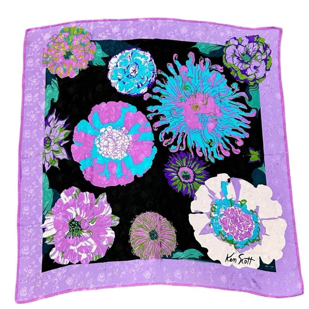 Ken Scott Vintage Floral Silk Scarf | Purple & Aqua Bold Flowers